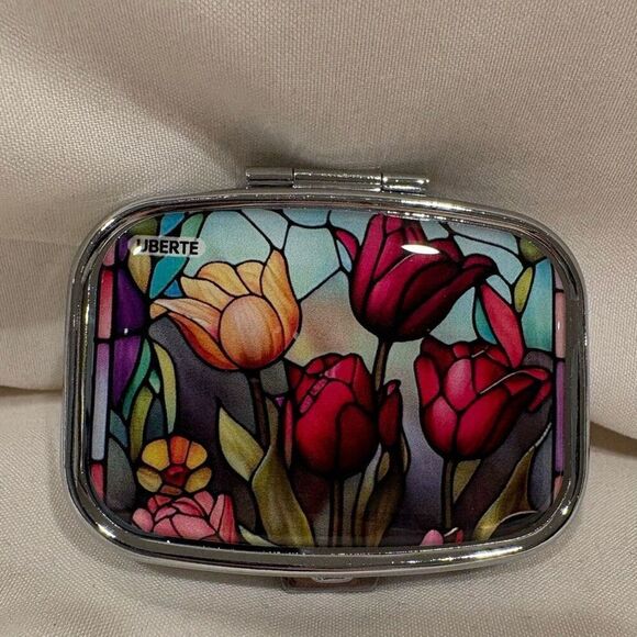Stained Glass Tulips Flower Travel Pill Box 2 Compartment Medicine Pill Case NEW - Picture 1 of 4